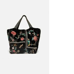 Johnny Was Uriah Velvet Handbag Black Embroidery Flower Tote Bag Large Purse NEW